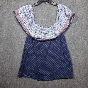 Signature Studio Top Womens Plus S 2X Blue Chambray Off The Shoulder Fringe Boho